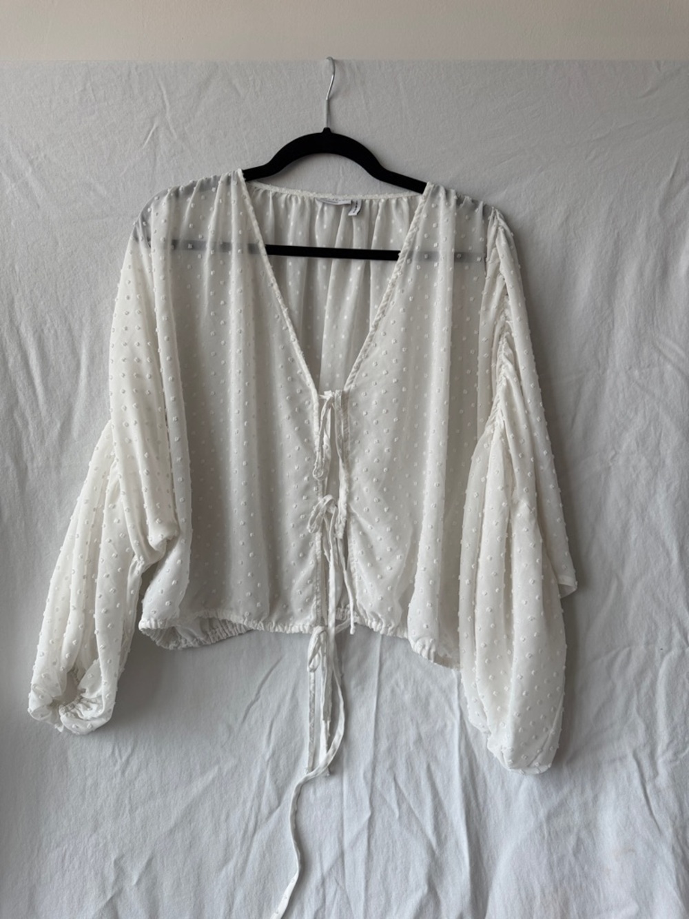 Women's White Swiss Dot Tie-Front Blouse